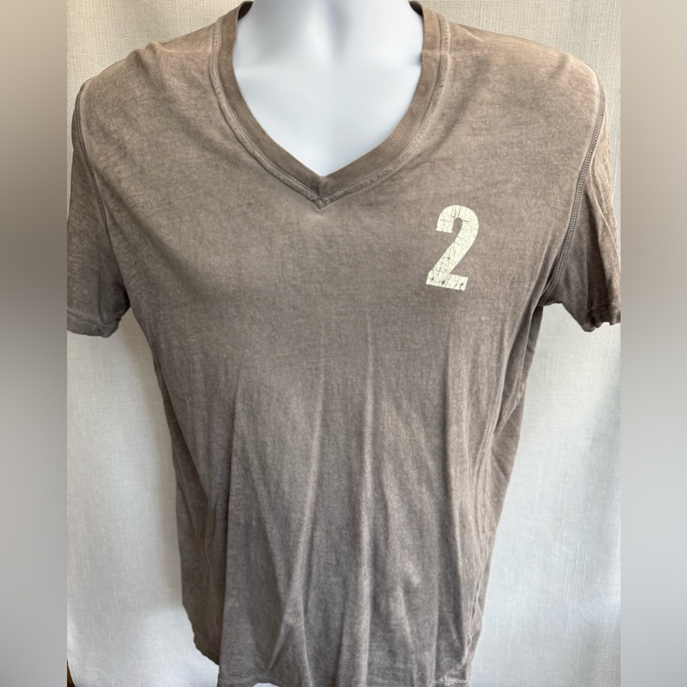 DSQUARED2 Taupe V-Neck Short Sleeve Shirt with White '2' Graphic and Hockey Them
